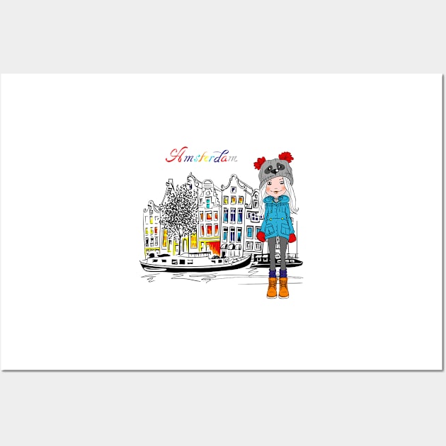 Girl tourist in a winter Amsterdam Wall Art by kavalenkava